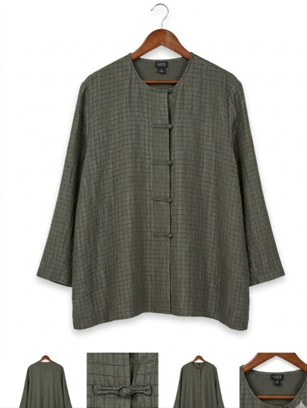 SILK & LINEN Eileen Fisher Olive Grid Mandarin Style Frog Button-Front Tunic